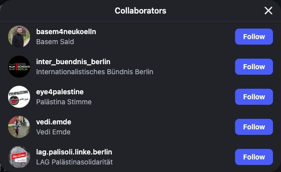 Autorenliste des Instagram-Beitrags: Basem Said, Internationalistisches Bündnis Berlin, Palästina Stimme, Vedi Emde und Berliner LAG Palästinasolidarität.