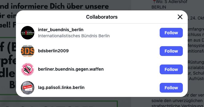 Instagram-Autorenliste des Aufrufs: Internationalistisches Bündnis Berlin, BDS Berlin, Berliner Bündnis gegen Waffenproduktion und LAG Palästinasolidarität der Linken.