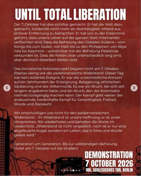 Zweite deutsche Texttafel des Berliner Demo-Aufrufs mit dem Verweis auf die Konfliktgeschichte.