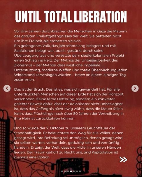 Erste deutsche Texttafel des Berliner Demo-Aufrufs mit den im Beitrag besprochenen Aussagen.