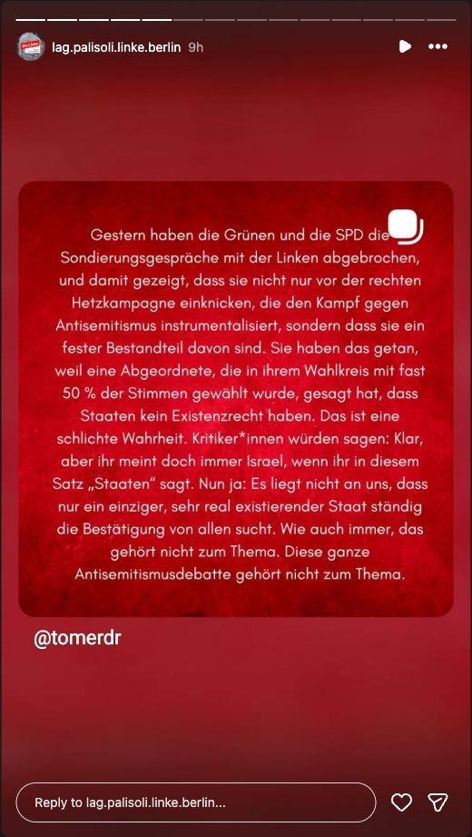 Instagram-Story der Berliner Palästina-LAG mit dem geteilten Text von @tomerdr zur Antisemitismusdebatte.