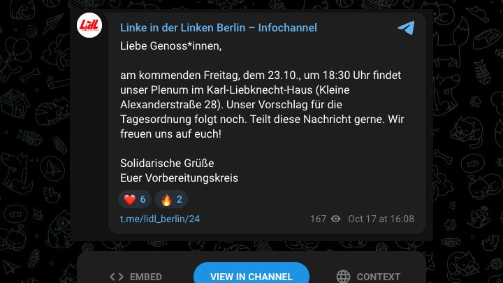 Telegram-Einladung der Linken in der Linken Berlin zum Plenum am 23. Oktober um 18:30 Uhr im Karl-Liebknecht-Haus.