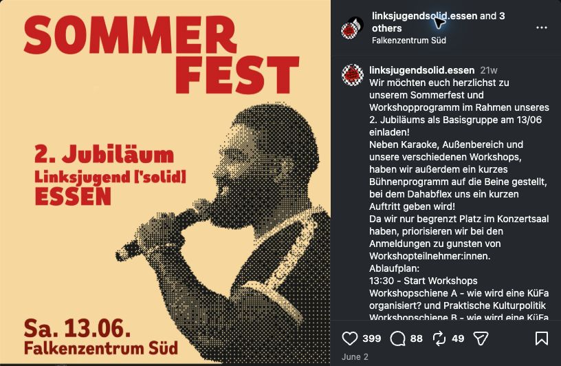 Sommerfest-Plakat der Linksjugend Essen mit Dahabflex und Einladungstext