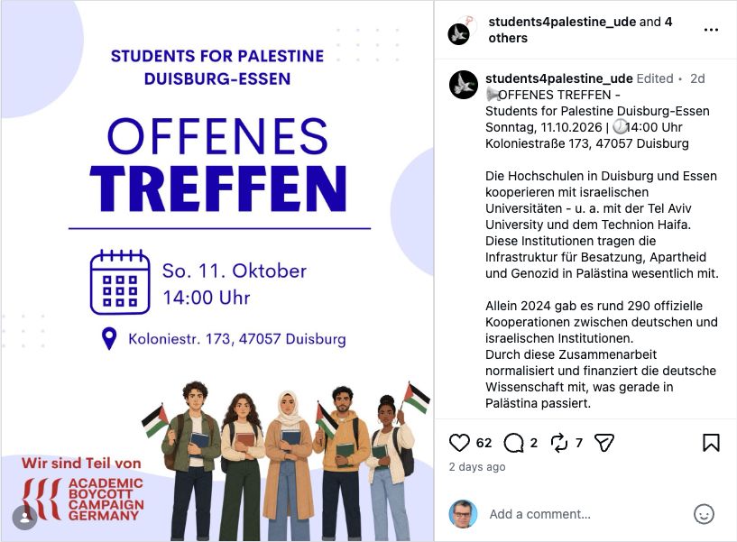 Instagram-Aufruf von Students for Palestine Duisburg-Essen zum Treffen am 11. Oktober 2026 und zur Kampagne gegen Hochschulkooperationen mit Israel.