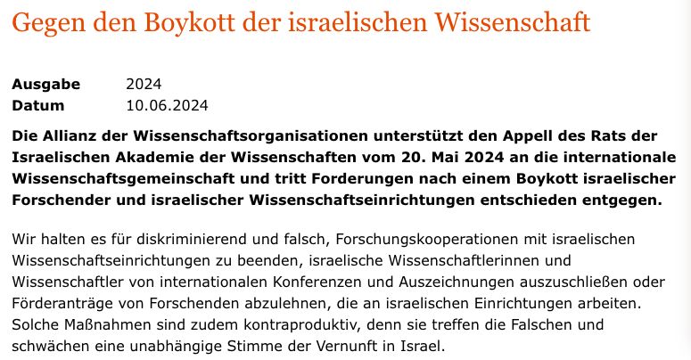 Ausschnitt der Allianz-Stellungnahme Gegen den Boykott der israelischen Wissenschaft vom 10. Juni 2024.