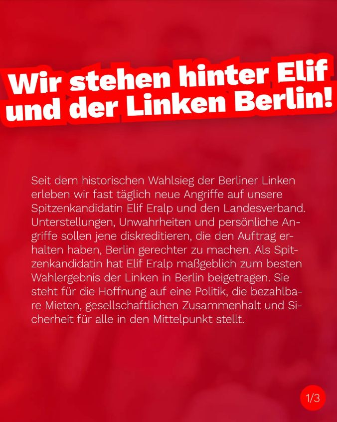 Die Linke Hamburg veröffentlicht die Solidaritätserklärung für Elif Eralp und den Berliner Landesverband