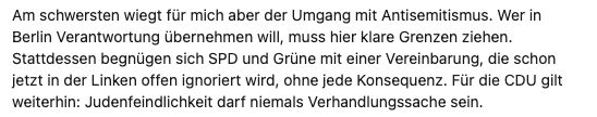 Evers auf LinkedIn: Judenfeindlichkeit darf niemals Verhandlungssache sein.
