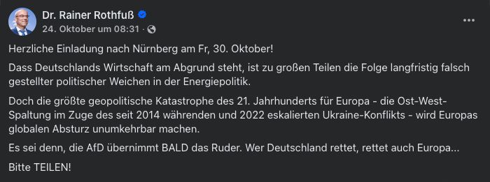 Facebook-Beitrag von Dr. Rainer Rothfuß vom 24. Oktober 2026 mit seiner Ankündigung eines AfD-Abends in Nürnberg und dem vollständigen Text zur Ost-West-Spaltung.