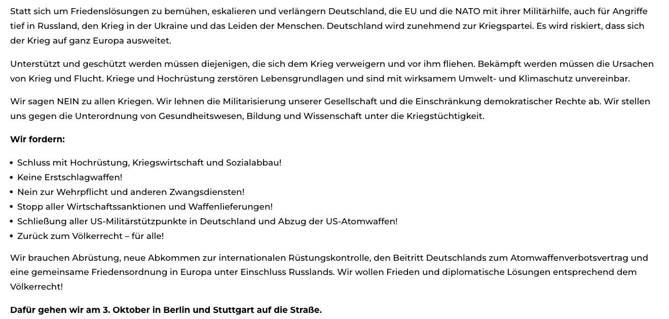 Der Demoaufruf fordert den Stopp aller Wirtschaftssanktionen und Waffenlieferungen.