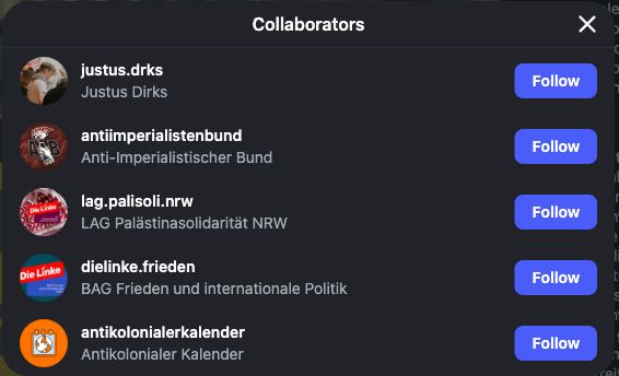 Instagram-Mitautorenliste des Gaddafi-Beitrags mit der Palästina-LAG NRW und dem Account dielinke.frieden.