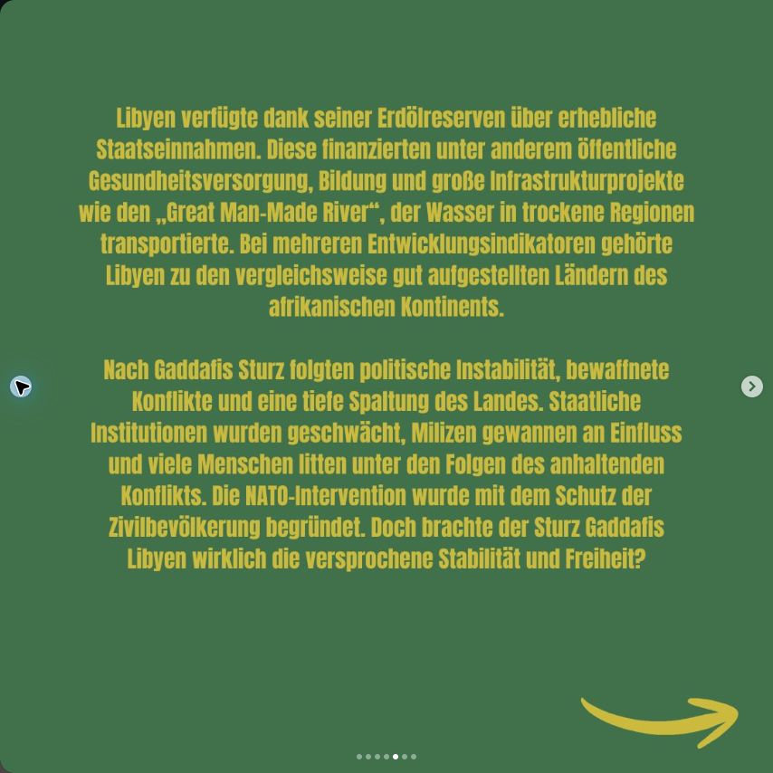 Bildtafel des Gaddafi-Beitrags über öffentliche Gesundheitsversorgung, Bildung und Infrastruktur in Libyen.