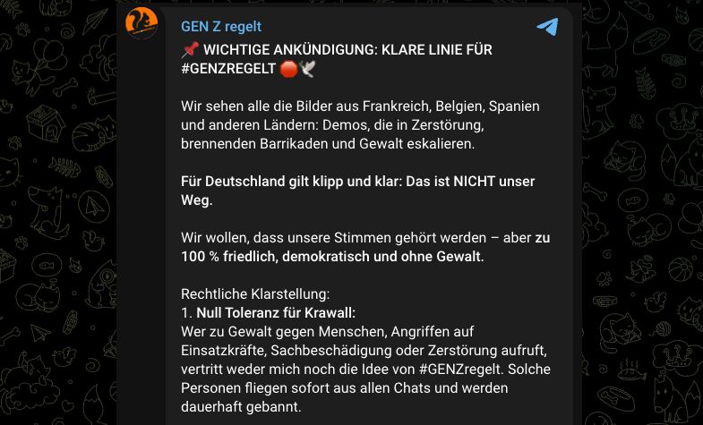 Der Telegram-Kanal genzregelt erklärt ausdrücklich Gewaltfreiheit und lehnt Angriffe sowie Sachbeschädigung ab