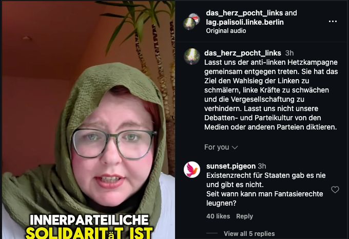 Hannah Bruns und die Berliner Palästina-LAG sprechen im Begleittext ihres gemeinsamen Instagram-Beitrags von einer anti-linken Hetzkampagne