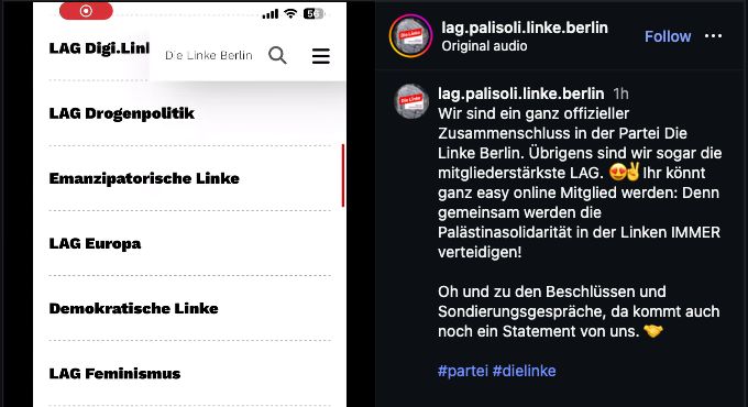 Die Berliner Palästina-LAG betont auf Instagram ihren offiziellen Status und wirbt um Mitglieder