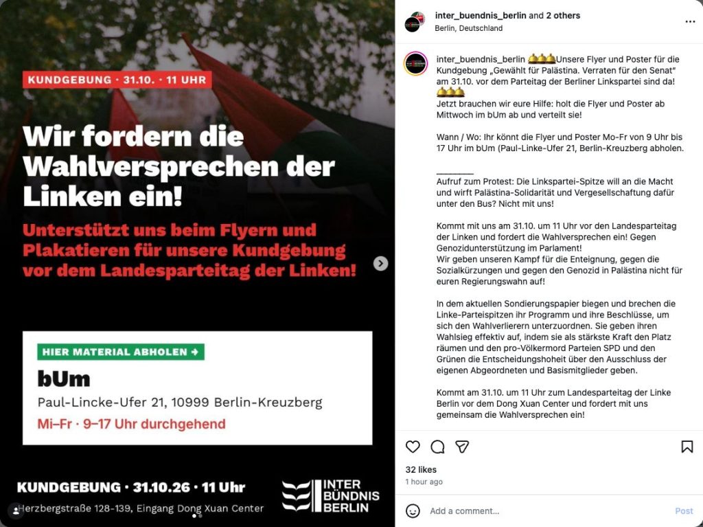 Gemeinsamer Instagram-Aufruf zur Abholung und Verteilung von Flyern gegen den Koalitionskurs der Berliner Linken.