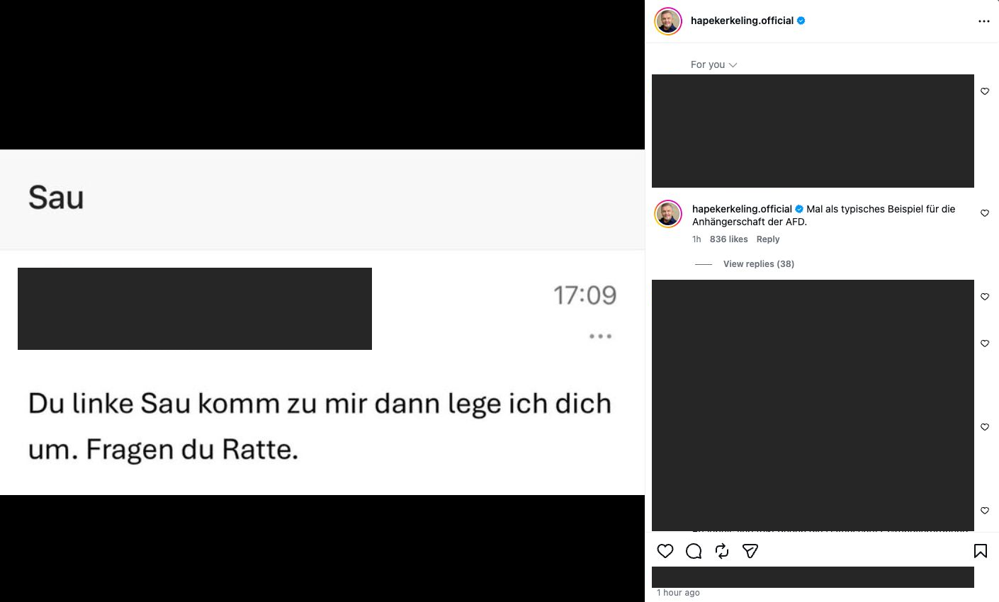 Kerkeling dokumentiert eine Todesdrohung und kommentiert sie auf Instagram; fremde Kommentare und Absenderdaten sind unkenntlich gemacht.