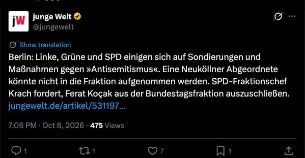 X-Beitrag der jungen Welt vom 8. Oktober 2026 zu Krachs Forderung nach Koçaks Fraktionsausschluss
