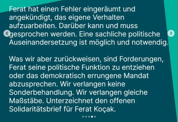 Folie 4 des Solidaritätsaufrufs: Die Verfasser erkennen Koçaks Fehler an und weisen Forderungen nach Entzug seiner politischen Funktion zurück.