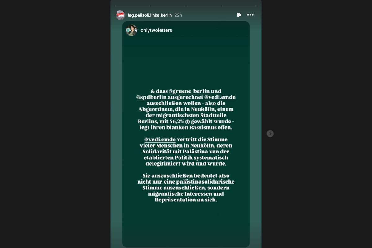 Von der LAG geteilte Story mit Rassismusvorwürfen gegen SPD und Grüne wegen Vanessa Emde.