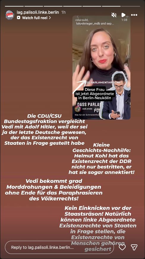 Instagram-Story der Berliner Palästina-LAG: Unterstützung für Vedi Emde und Vergleich mit Helmut Kohl und der DDR.