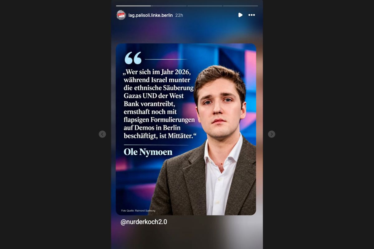 Die LAG teilt eine Ole Nymoen zugeschriebene Zitatkachel mit einem Mittäterschaftsvorwurf gegen Kritiker.