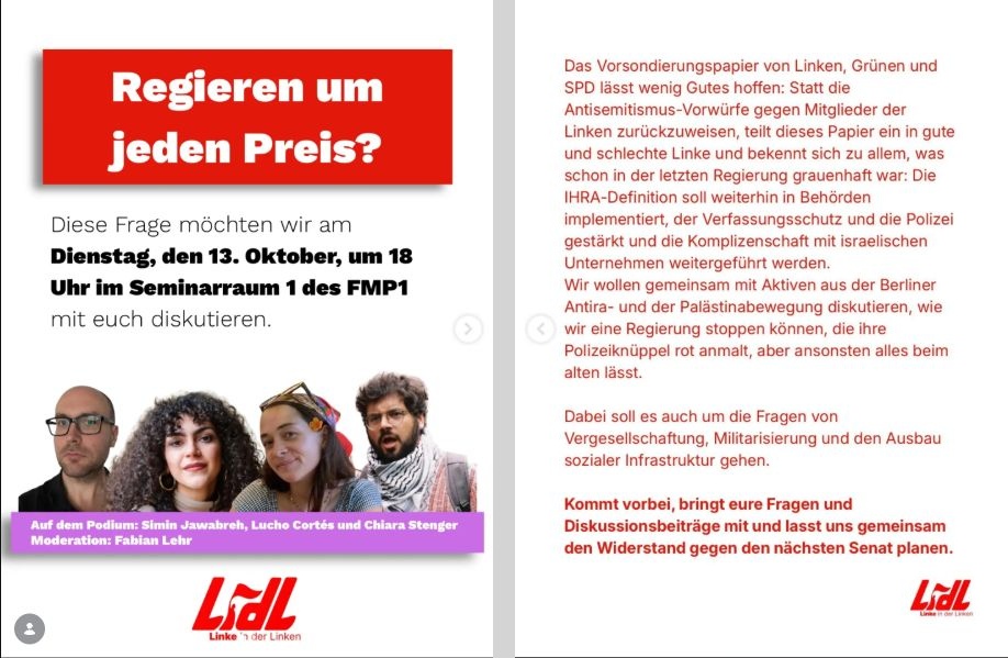 Veranstaltungsankündigung und Aufruf zum Widerstand gegen den nächsten Senat, zwei Originalfolien nebeneinander