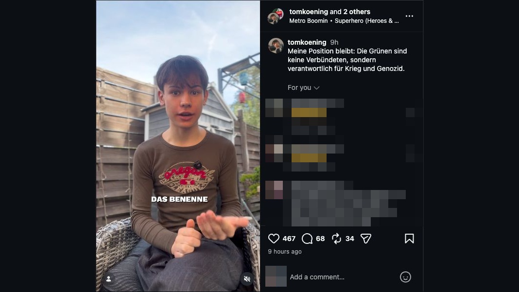 Tom Könings Instagram-Beitrag mit Vorwürfen gegen die Grünen; fremde Kommentare und Profilbilder verpixelt.
