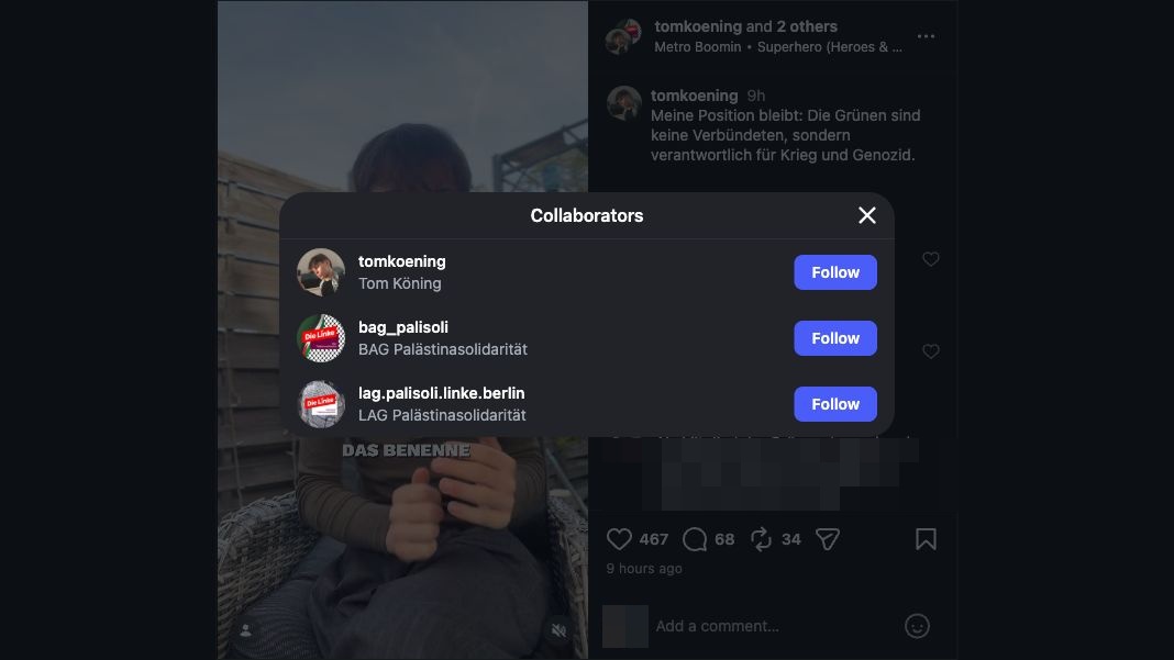Instagram zeigt Tom Köning, BAG Palästinasolidarität und Berliner LAG als Mitautoren.