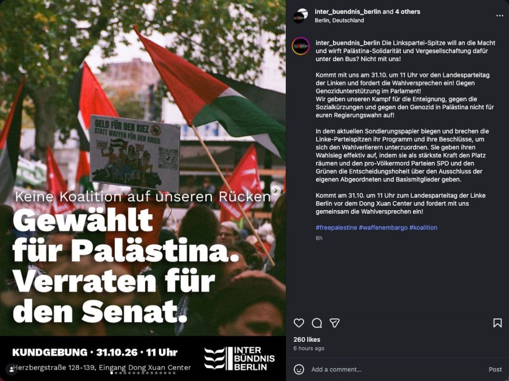 Gemeinsamer Instagram-Aufruf zum Protest vor dem Landesparteitag der Berliner Linken am 31. Oktober 2026.