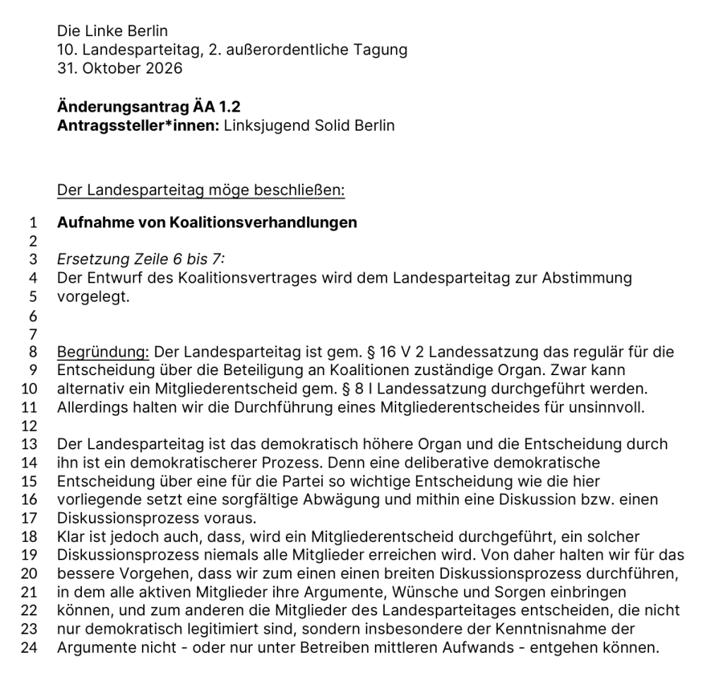 Änderungsantrag ÄA 1.2 der Linksjugend Berlin: Parteitagsabstimmung statt Mitgliederentscheid über den Koalitionsvertrag.