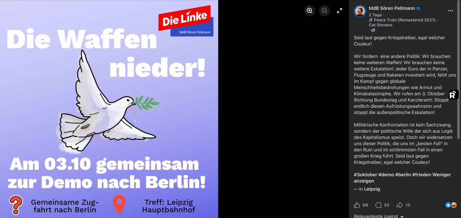 Sören Pellmann wirbt auf Facebook für die Friedensdemonstration am 3. Oktober 2026 in Berlin.