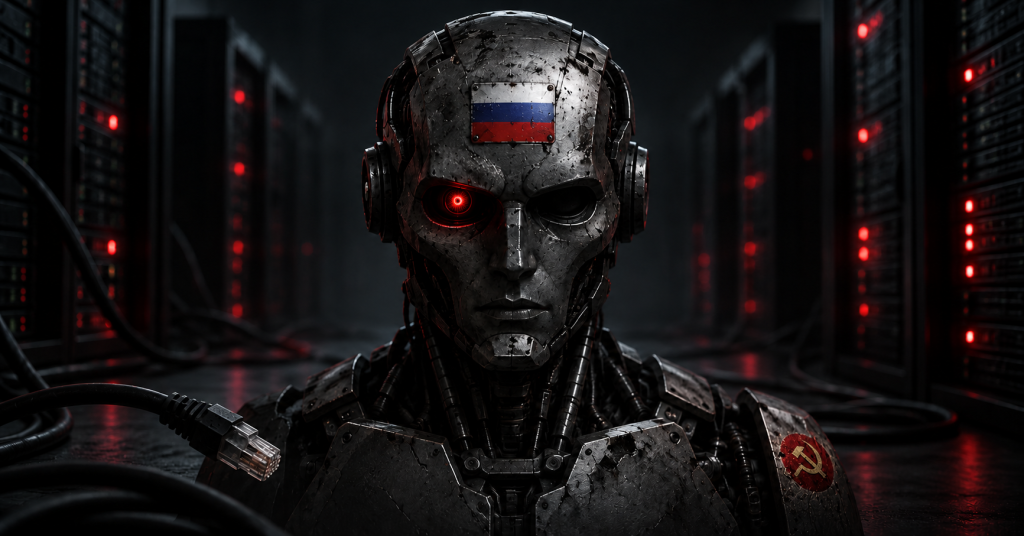 Roboter mit russischer Flagge auf der Stirn und Hammer und Sichel an der Schulter vor dunklen Serverreihen.