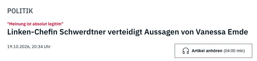 Überschrift des ntv-Berichts vom 19. Oktober 2026 über Schwerdtners Rückendeckung für Vanessa Emde