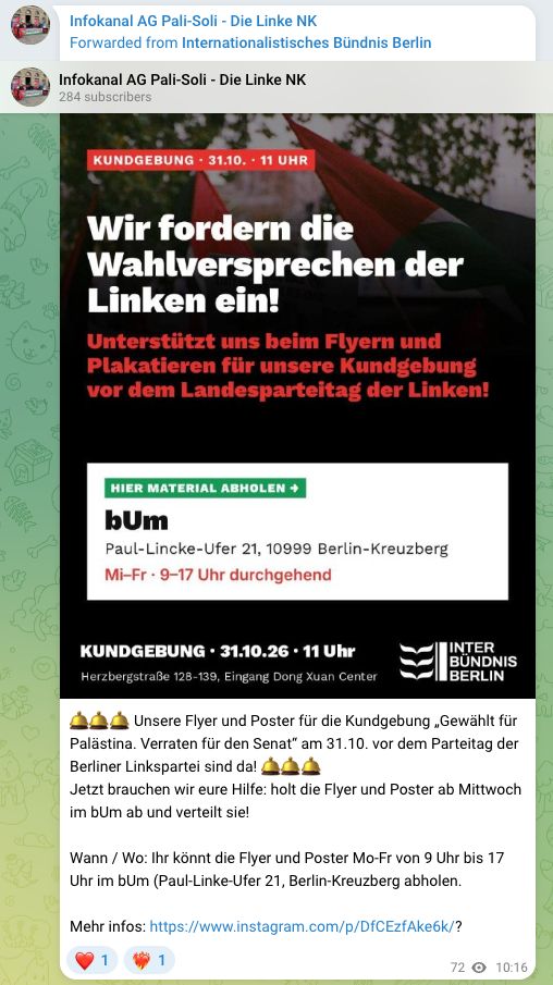 Die Neuköllner Palästina-AG verbreitet auf Telegram einen Aufruf des Internationalistischen Bündnisses Berlin zur Flyerverteilung.