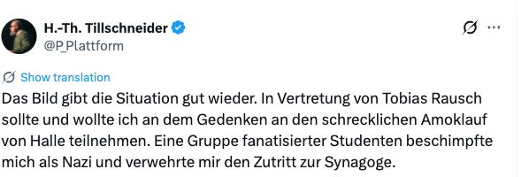 Tillschneiders X-Beitrag bezeichnet den Anschlag von Halle als Amoklauf und die protestierenden Studierenden als fanatisiert.