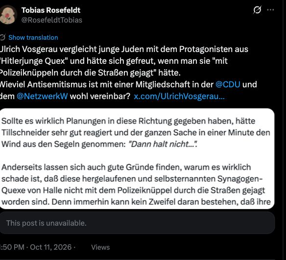 Tobias Rosefeldt dokumentiert Vosgeraus inzwischen gelöschten X-Beitrag.