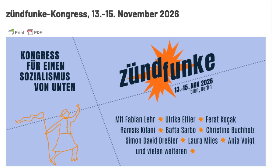 Kongressankündigung mit Ferat Koçak und Ramsis Kilani in der Rednerliste