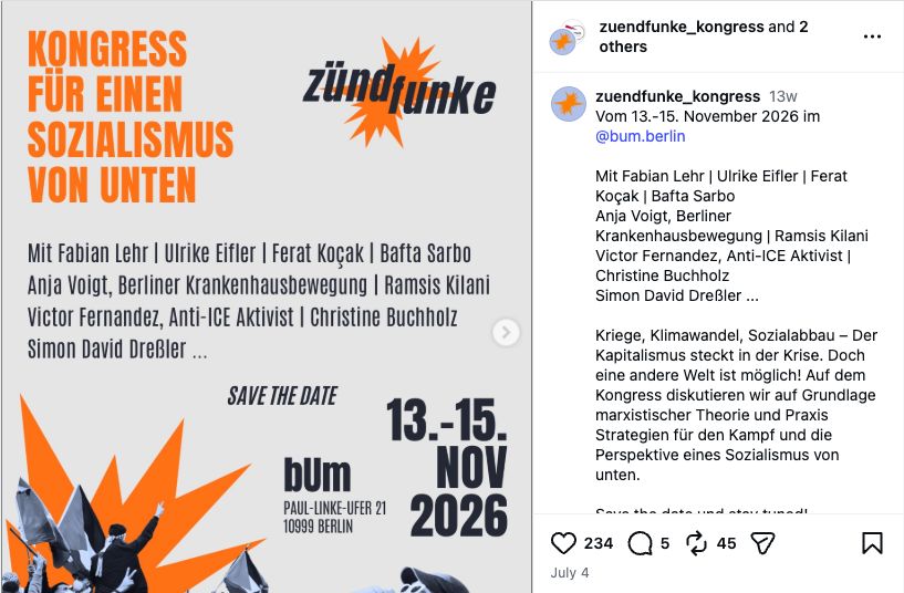 Instagram-Ankündigung vom 4. Juli 2026 mit Koçak und Kilani auf derselben Rednerliste